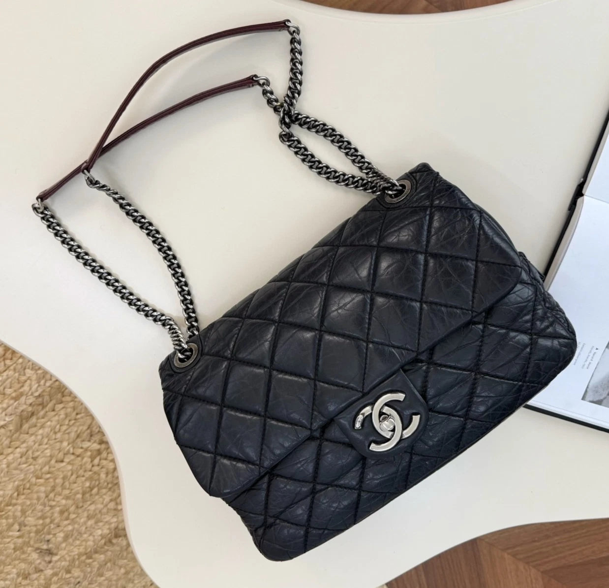 Chanel Classic Flap Diamond Calfskin Chain Shoulder Bag Black Silver Used Women