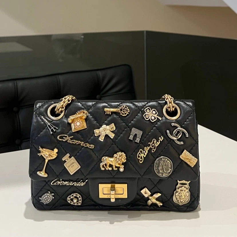 CHANEL 2.55 Mini Black Gold Charm Shoulder Bag