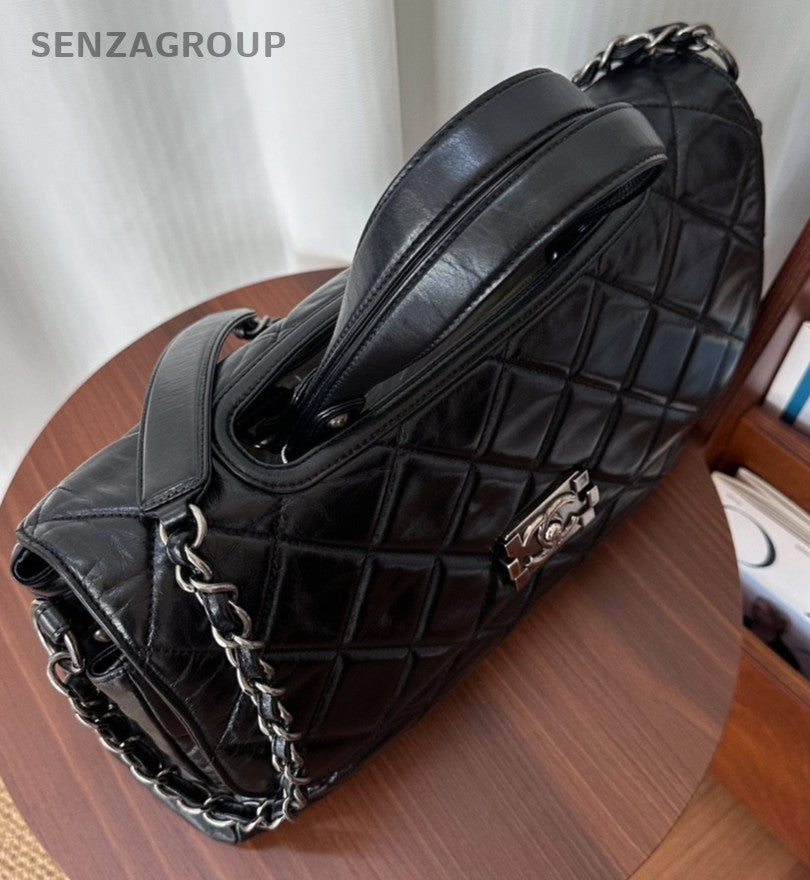 CHANEL Briefcase Top Handle Oil waxed leather Chain Shoulder Handbag Women Black