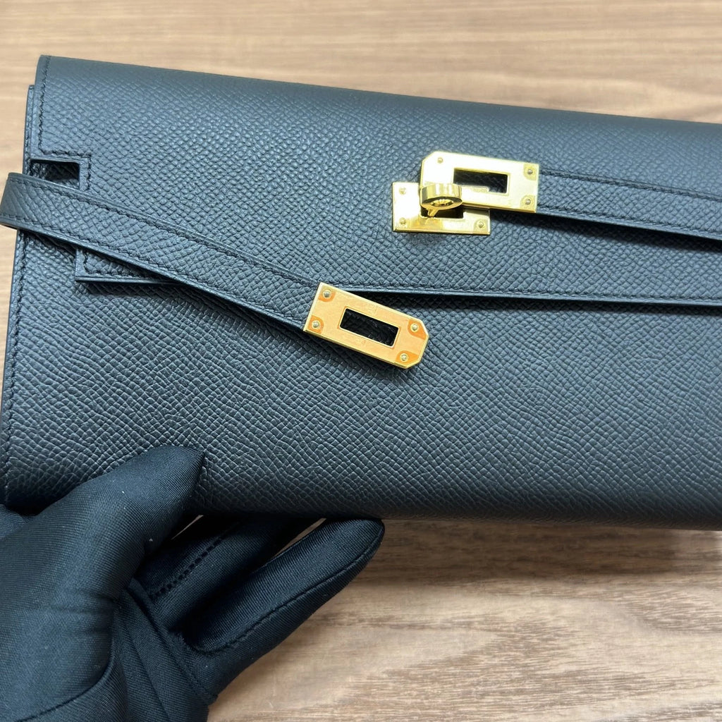 Hermes Kelly Long Wallet Black Gold Used Women Fashion Classic