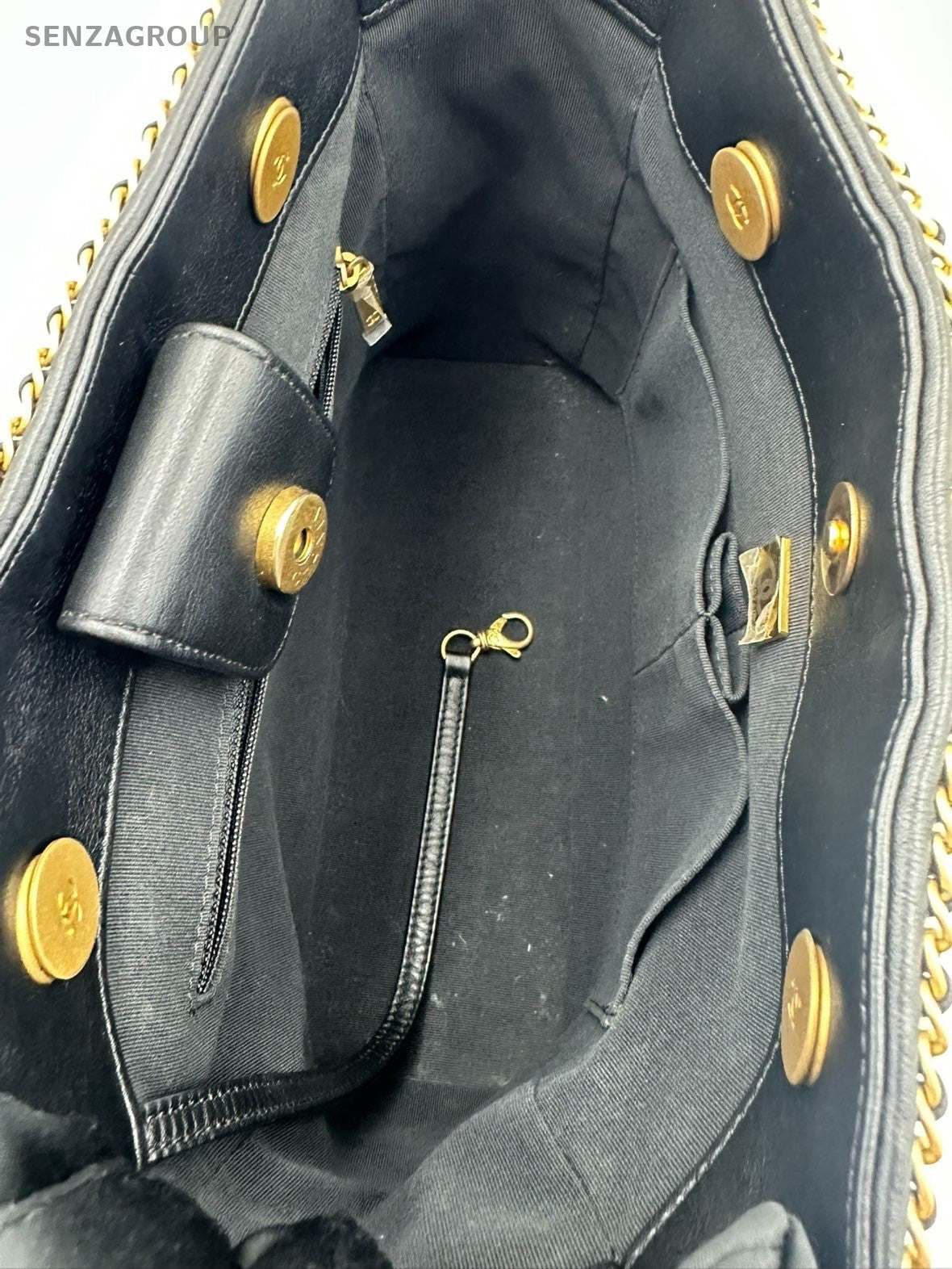 Chanel Diamond Calfskin Tote Chain Shoulder Bag Black Gold Women Classic
