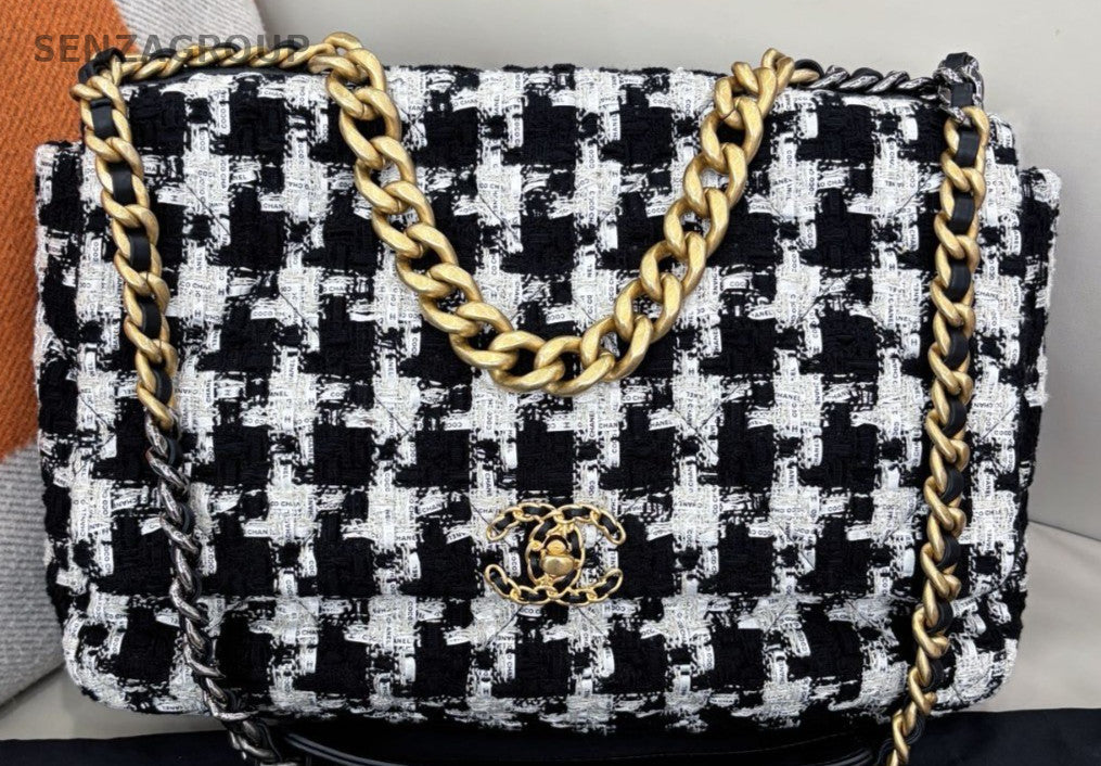 Chanel 19Bag Maxi Chain Shoulder Bag Black White Gold Used Women Classic