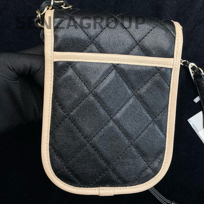 Chanel Beige Black Silver Chain Phone Crossbody Bag Quilted Women's Fashion