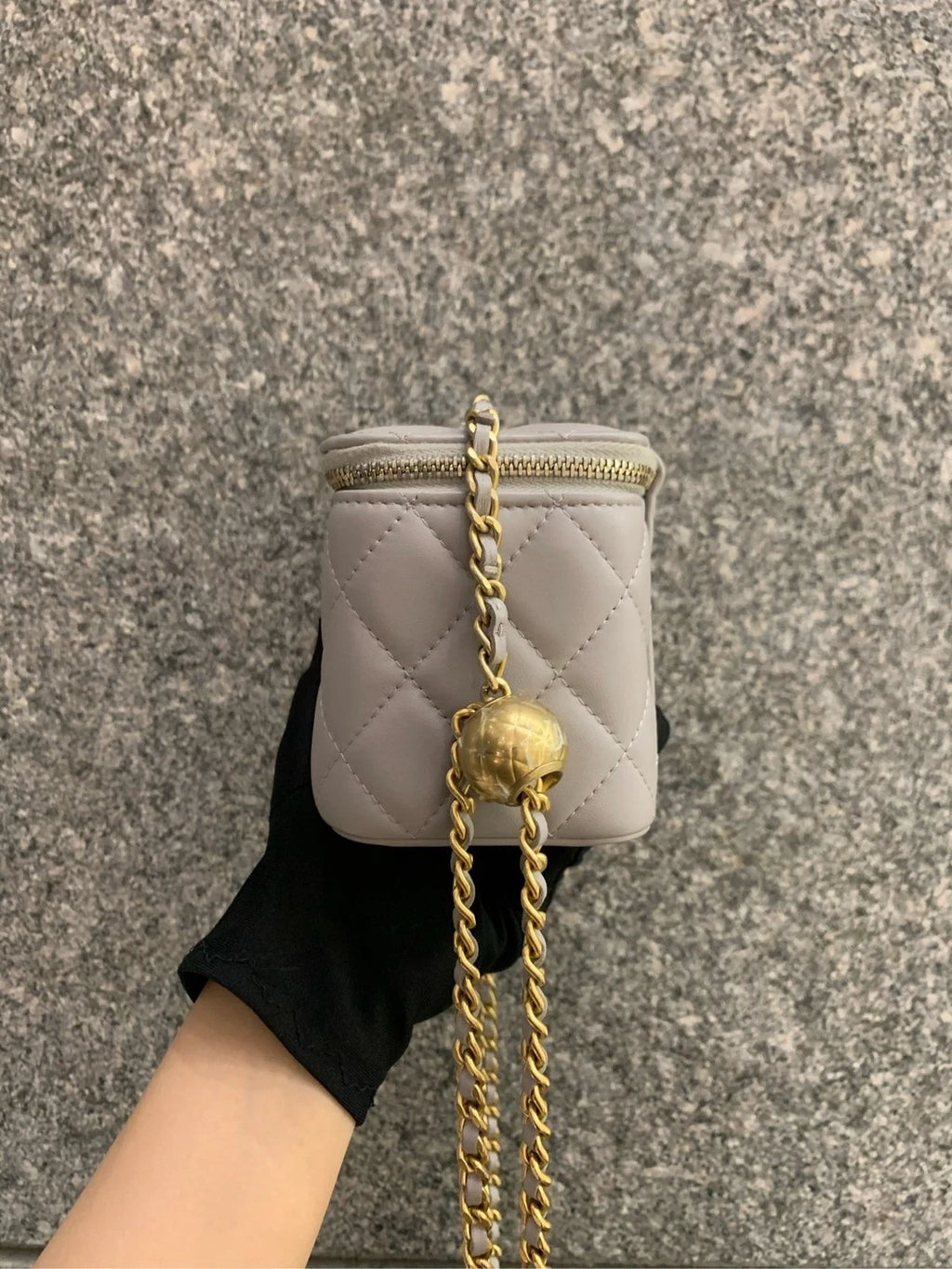 CHANEL Gray Lambskin Gold Ball Long Box Shoulder Bag Women