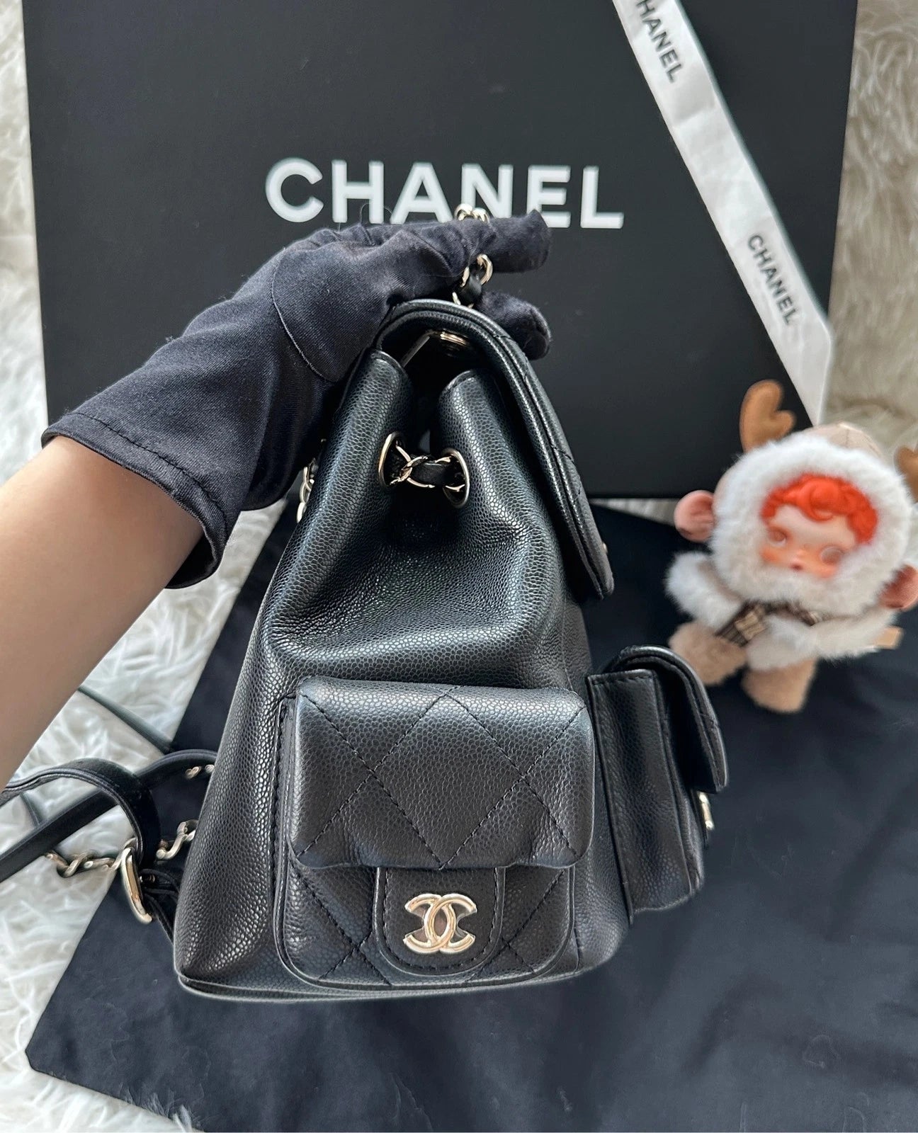 CHANEL Large Black Gold Grained Leather Backpack For Women