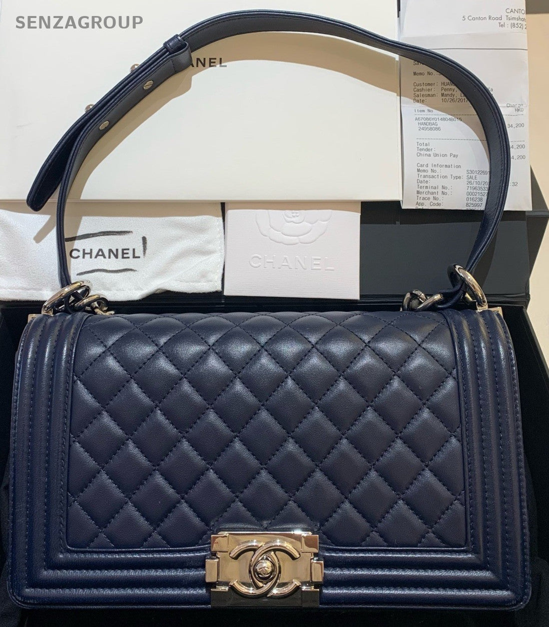 Chanel Leboy MM Lambskin Chain Shoulder Bag Blue Silver Women Diamond Classic