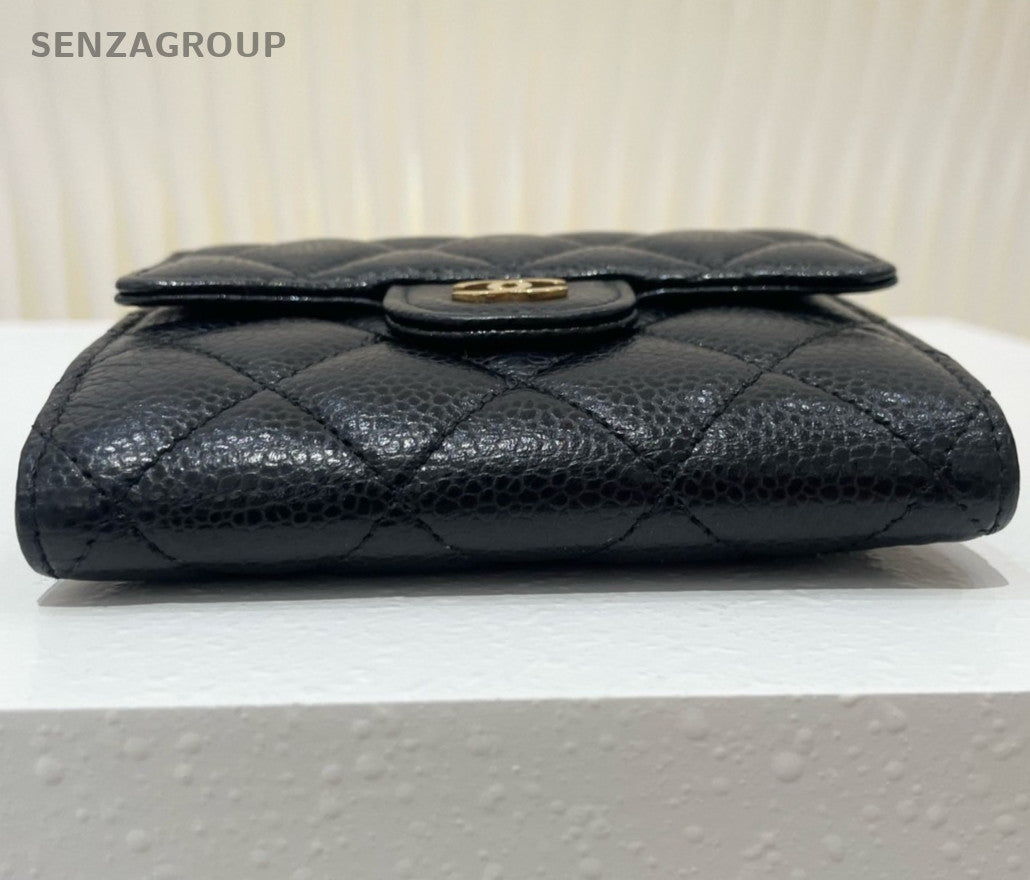 Chanel Diamond PM Calfskin Wallet Black Gold Used Women Classic