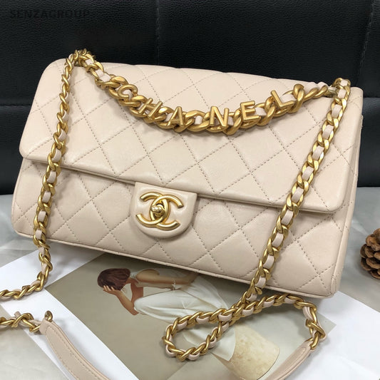 Chanel CF Quilted Flap Bag Beige Gold Chain Shoulder Crossbody Women Fashion