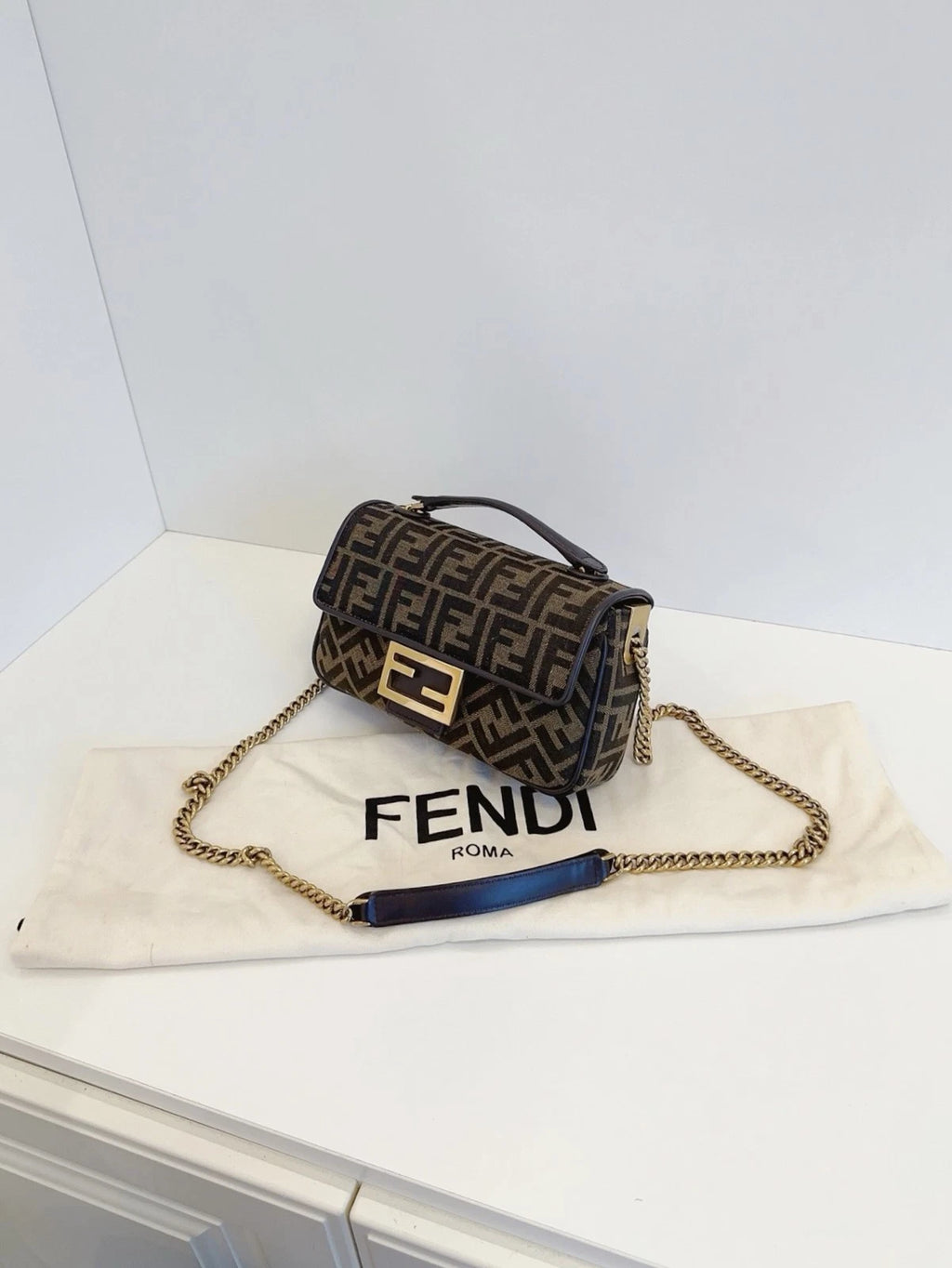 Fendi Baguette Medium FF Logo Chain Shoulder Crossbody Bag Brown