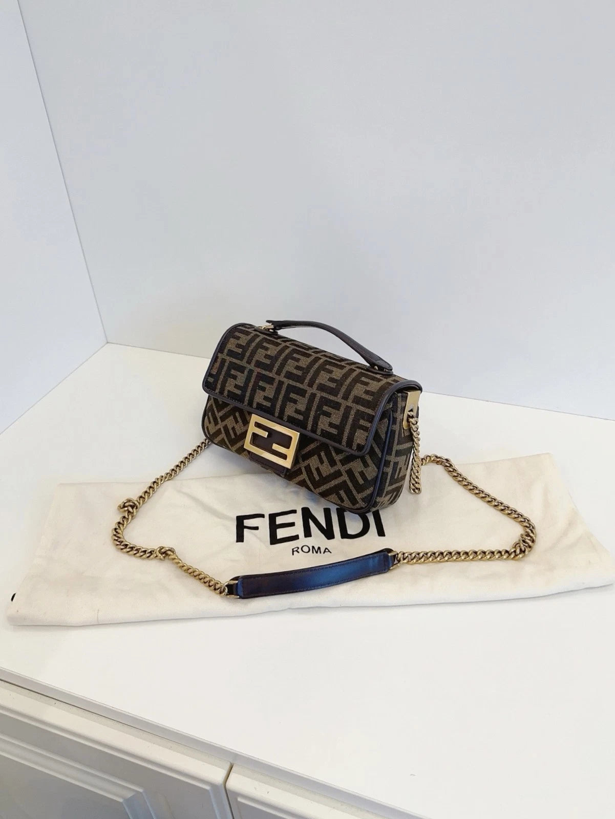 Fendi Baguette Medium FF Logo Chain Shoulder Crossbody Bag Brown