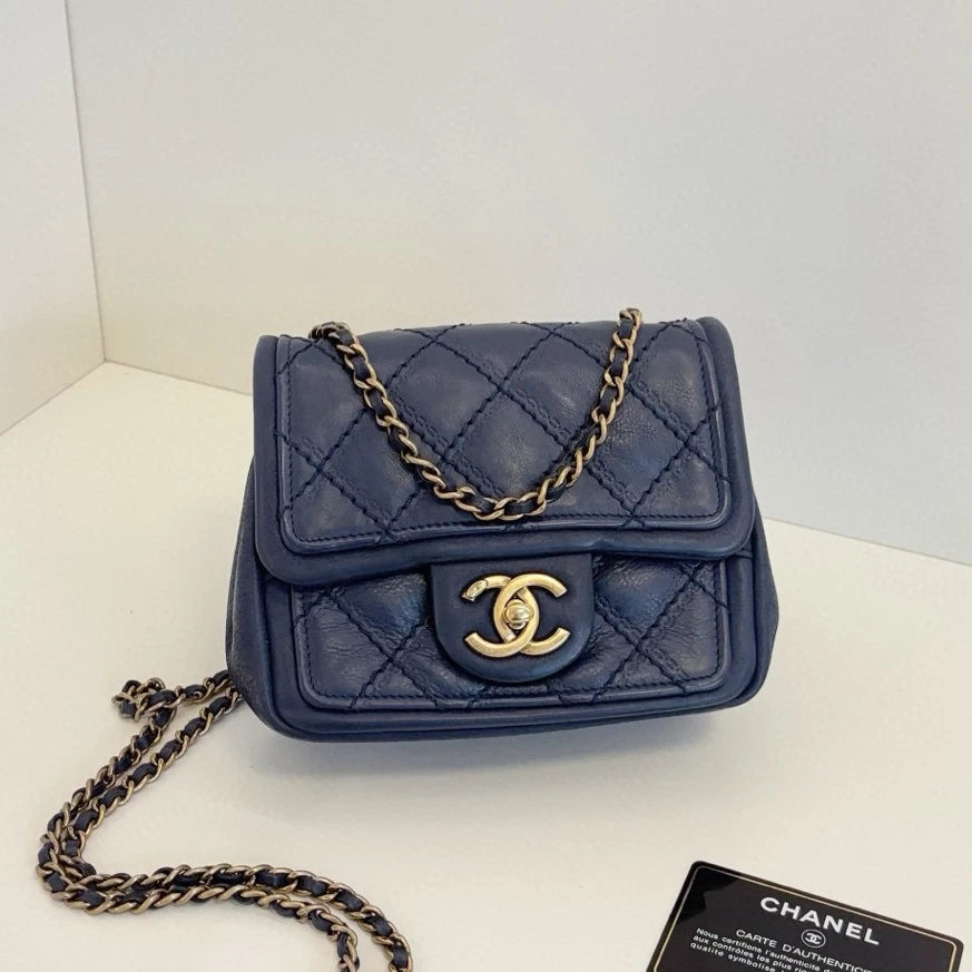 Chanel Classic Flap Chain Shoulder Bag Crossbody Blue Gold Women Diamond