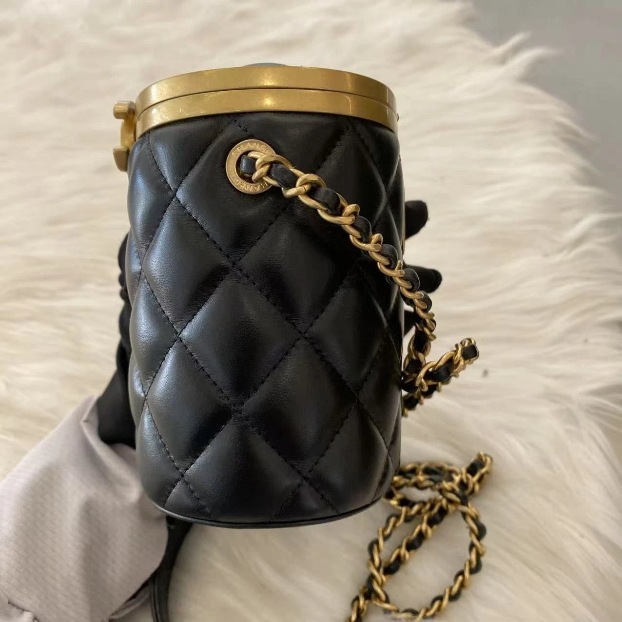 Chanel Classic Black Gold Quilted Cylinder Chain Shoulder Bag