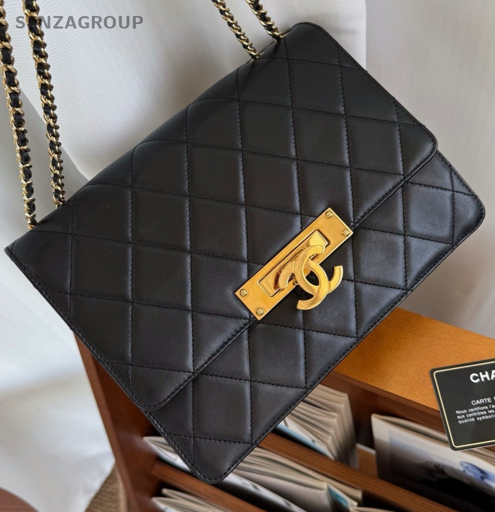 Chanel Classic Flap Chain Diamond Black Gold Shoulder Bag Used Women Designer