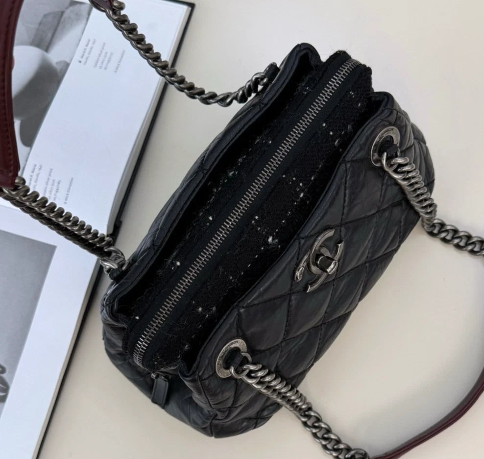 Chanel Bolide Diamond Chain Shoulder Bag Black Silver Used Women Classic