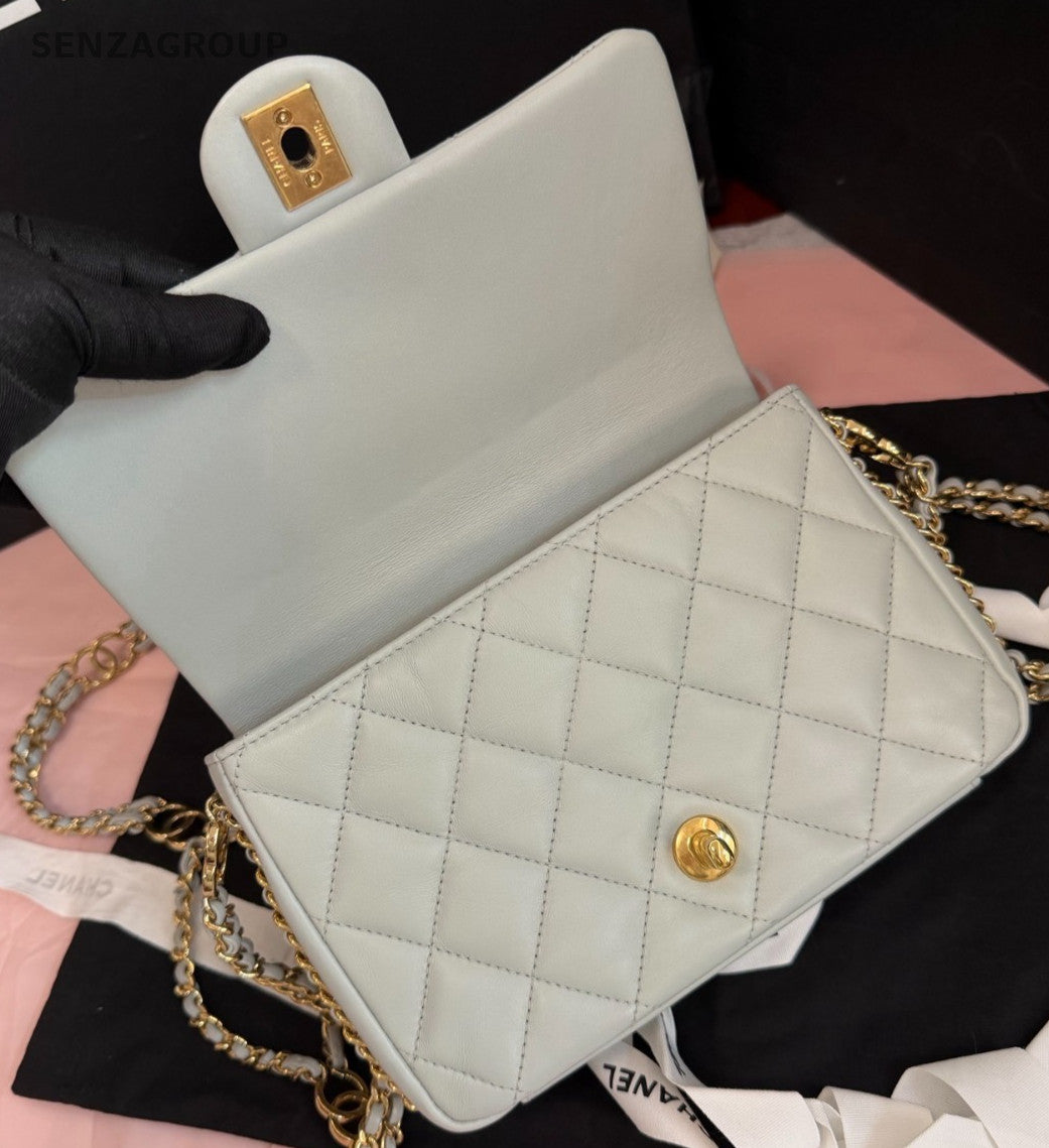 Chanel Classic Flap Mini Lambskin Chain Crossbody Shoulder Bag White Gold Women