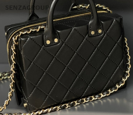 Chanel Calfskin Chain Shoulder Bag Crossbody Black Gold Women Classic