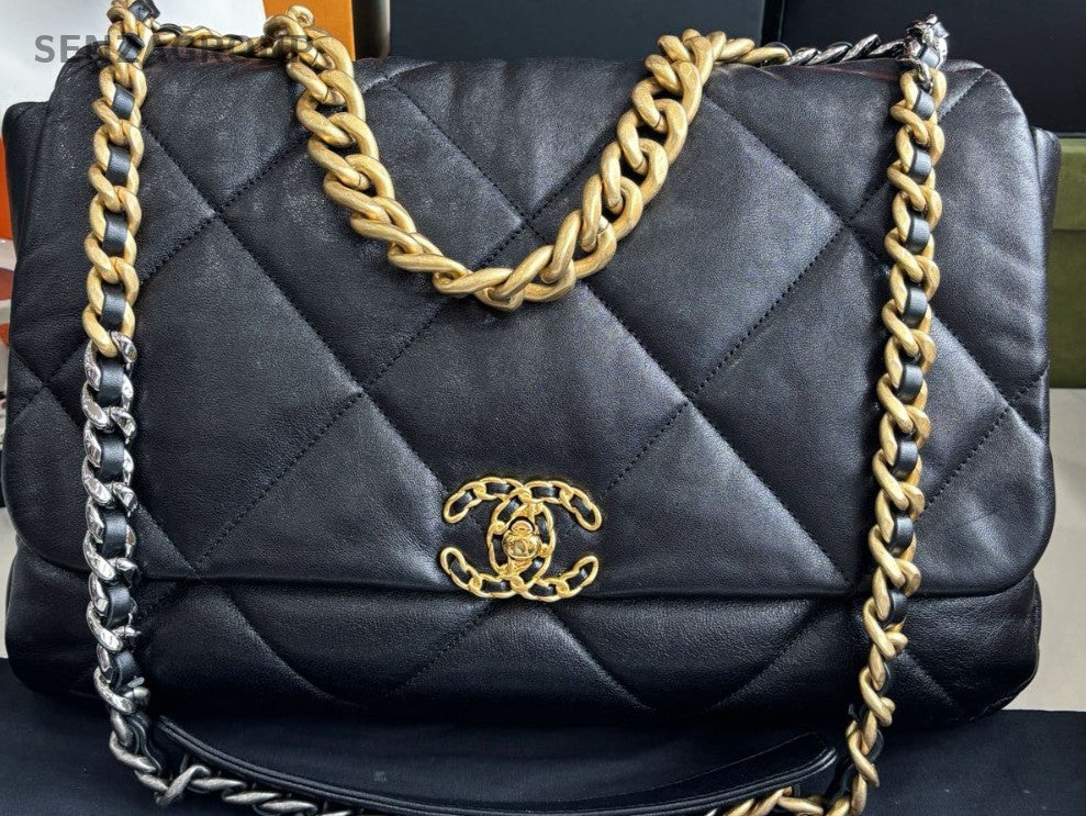 Chanel 19 Maxi Chain Shoulder Bag Crossbody Black Gold Women Classic