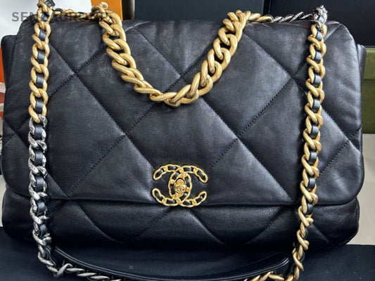 Chanel 19 Maxi Chain Shoulder Bag Crossbody Black Gold Women Classic