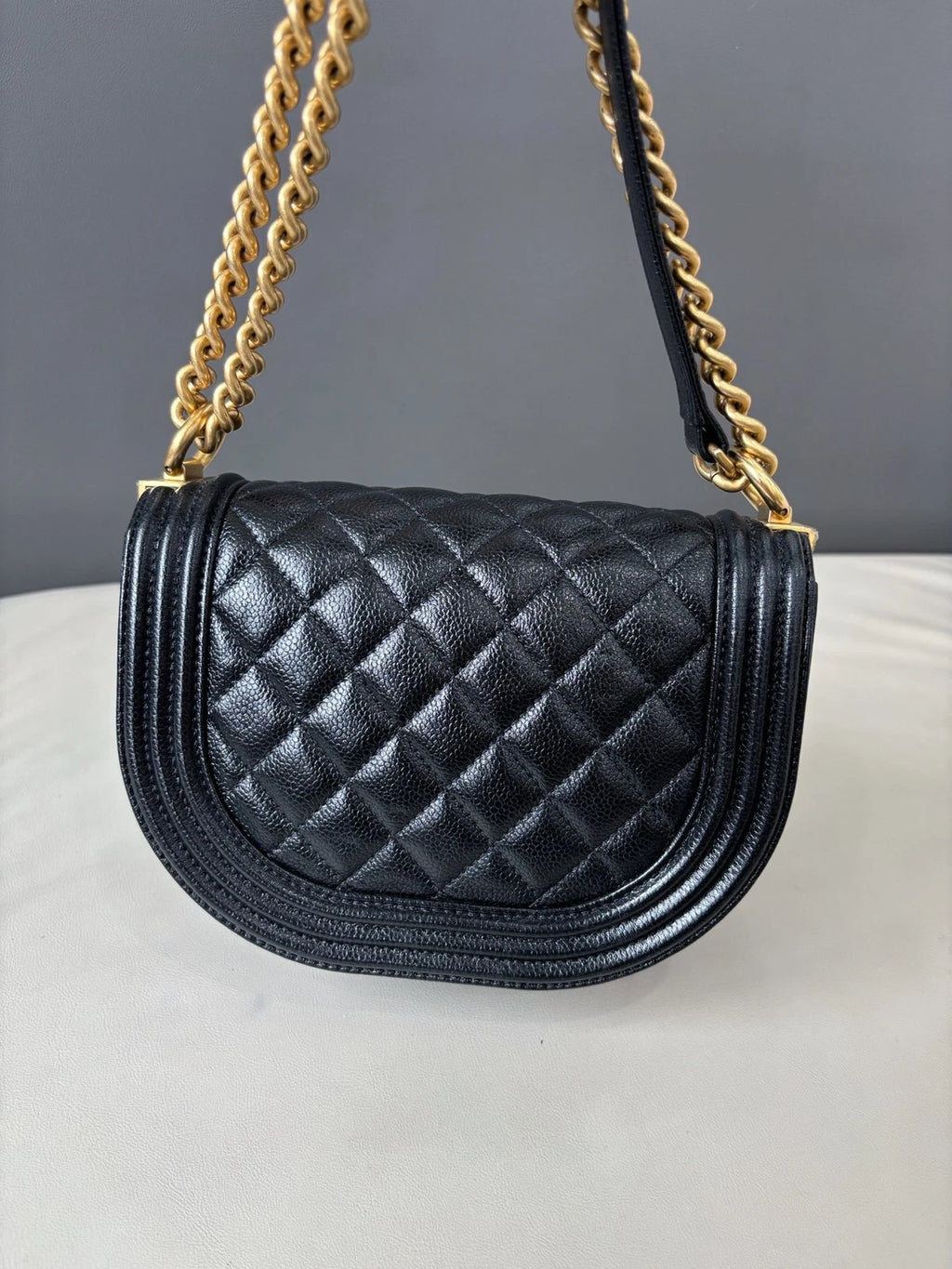 Chanel Le Boy Crossbody Shoulder Bag Black Gold Women Classic