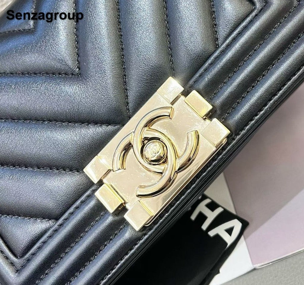 Chanel Leboy PM Chain Calfskin Shoulder Bag Crossbody Black Gold Women Classic