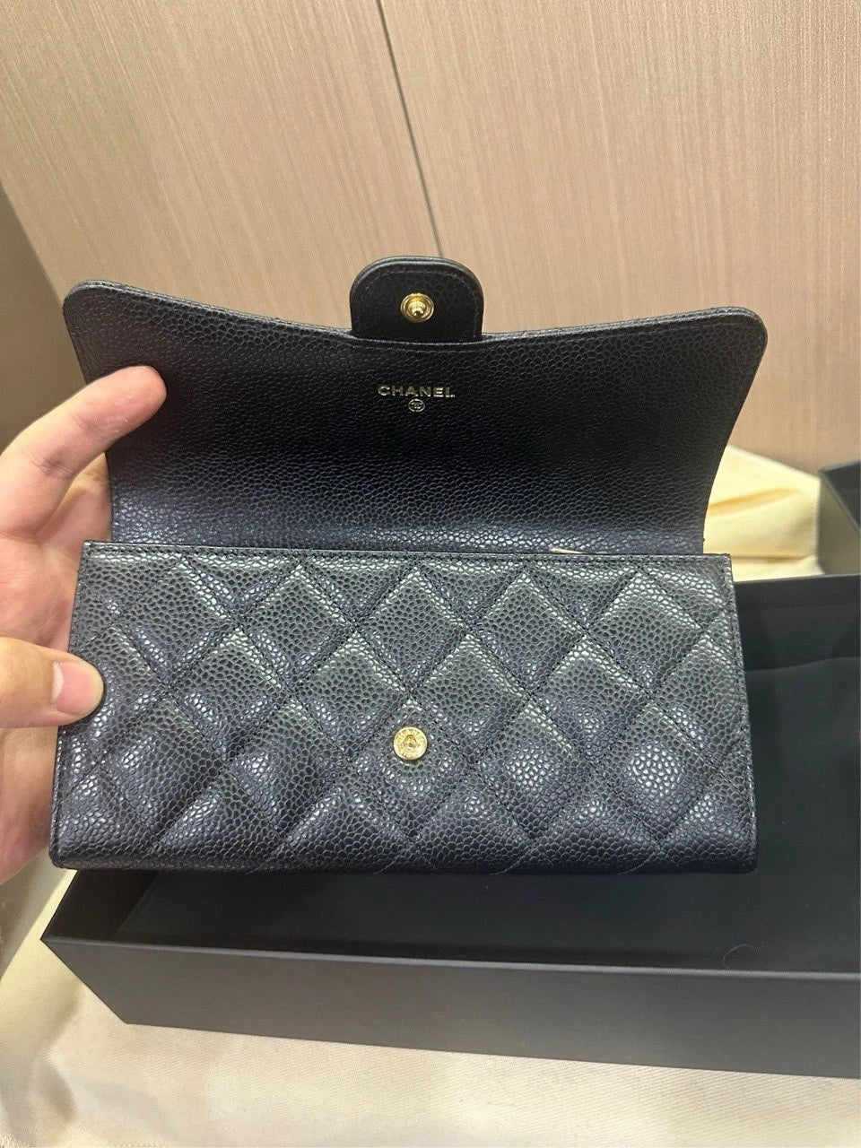 CHANEL Black Gold Grained Calfskin CF Long Chain Wallet For Women