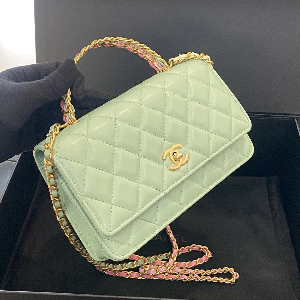 Chanel WOC Lambskin Diamond Top Handle Crossbody Green Gold Women Classic D