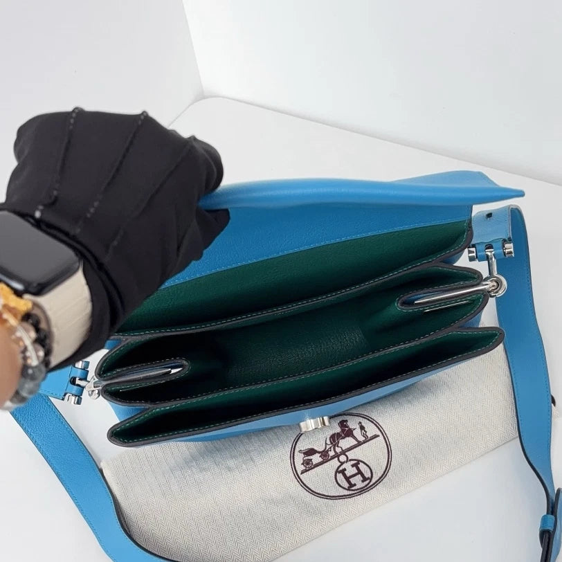Excellent Hermes Opli24 Messenger Bag Blue Shoulder Bag Silver Hardware