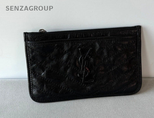 YSL Saint Laurent Niki Waxed Leather Clutch Bag Women Black