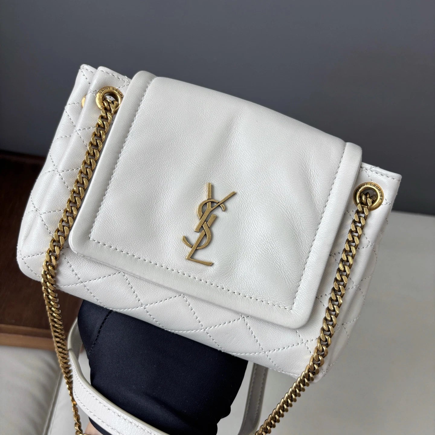 Authentic Saint Laurent Nolita Mini Gold Chain White Shoulder Bag Crossbody
