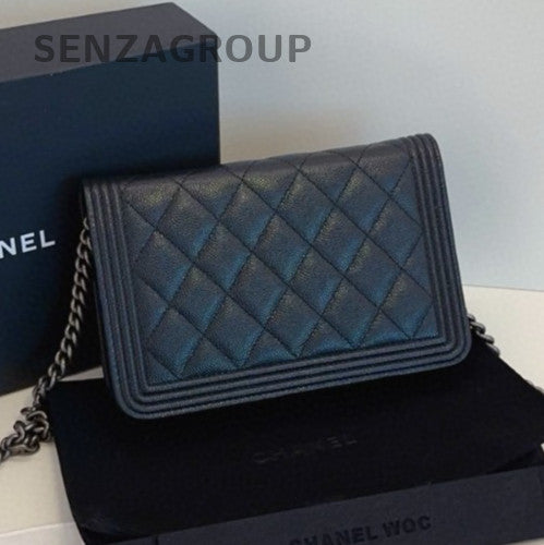 Chanel Leboy WOC Chain Shoulder Bag Black Silver Diamond Women Classic