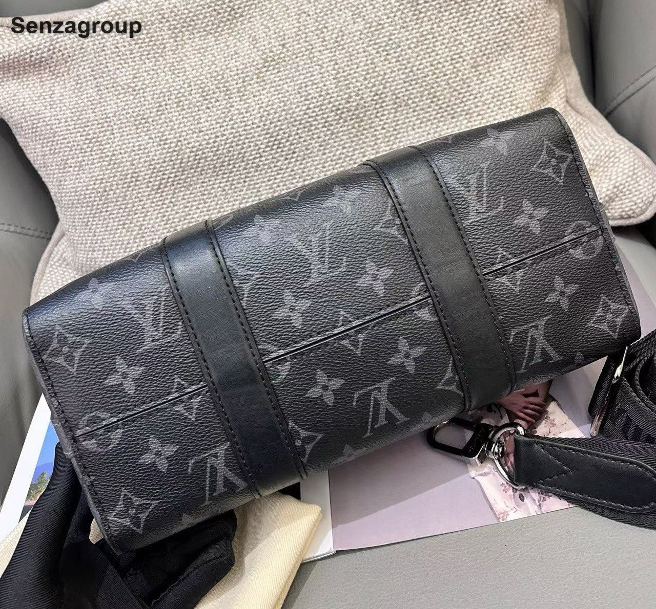 Louis Vuitton Keepall27 Monogram Shoulder Crossbody Black Silver Unisex Adults