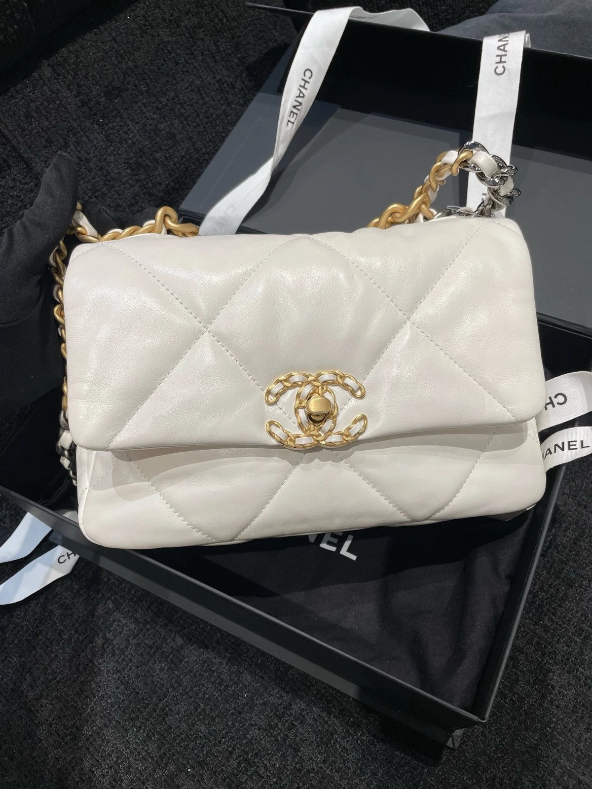 CHANEL 19 Small Calfskin White Gold Hardware Shoulder Bag For Women