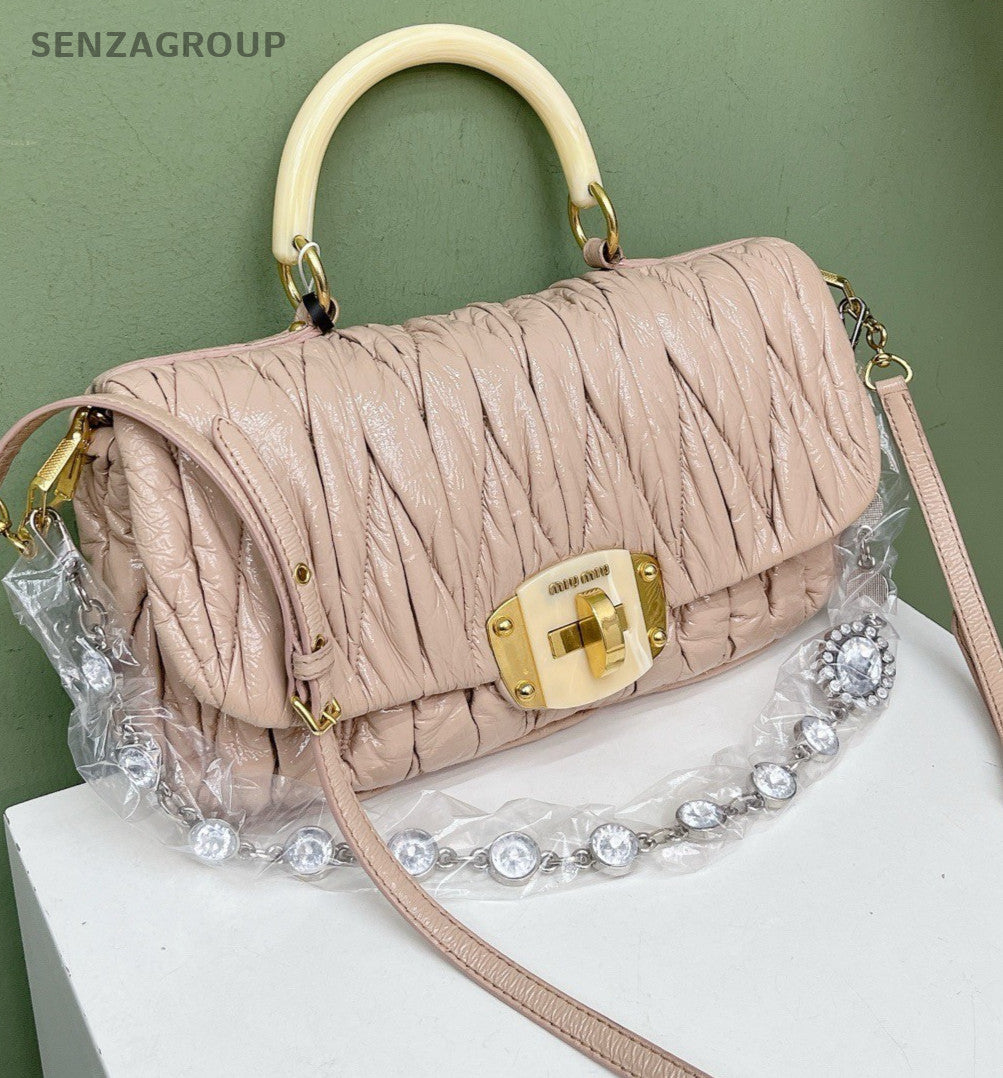 Miu Miu Coffer 2Way Top Handle Bag Crossbody Pink Gold Women Classic Fashion
