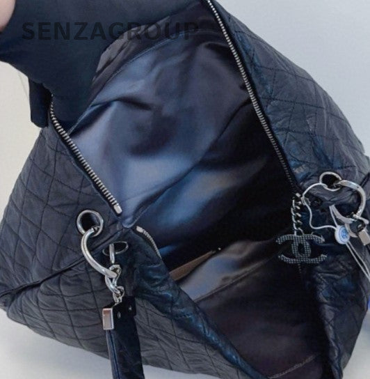 Chanel Hobo Diamond Pattern Chain Shoulder Bag Black Silver Women Classic