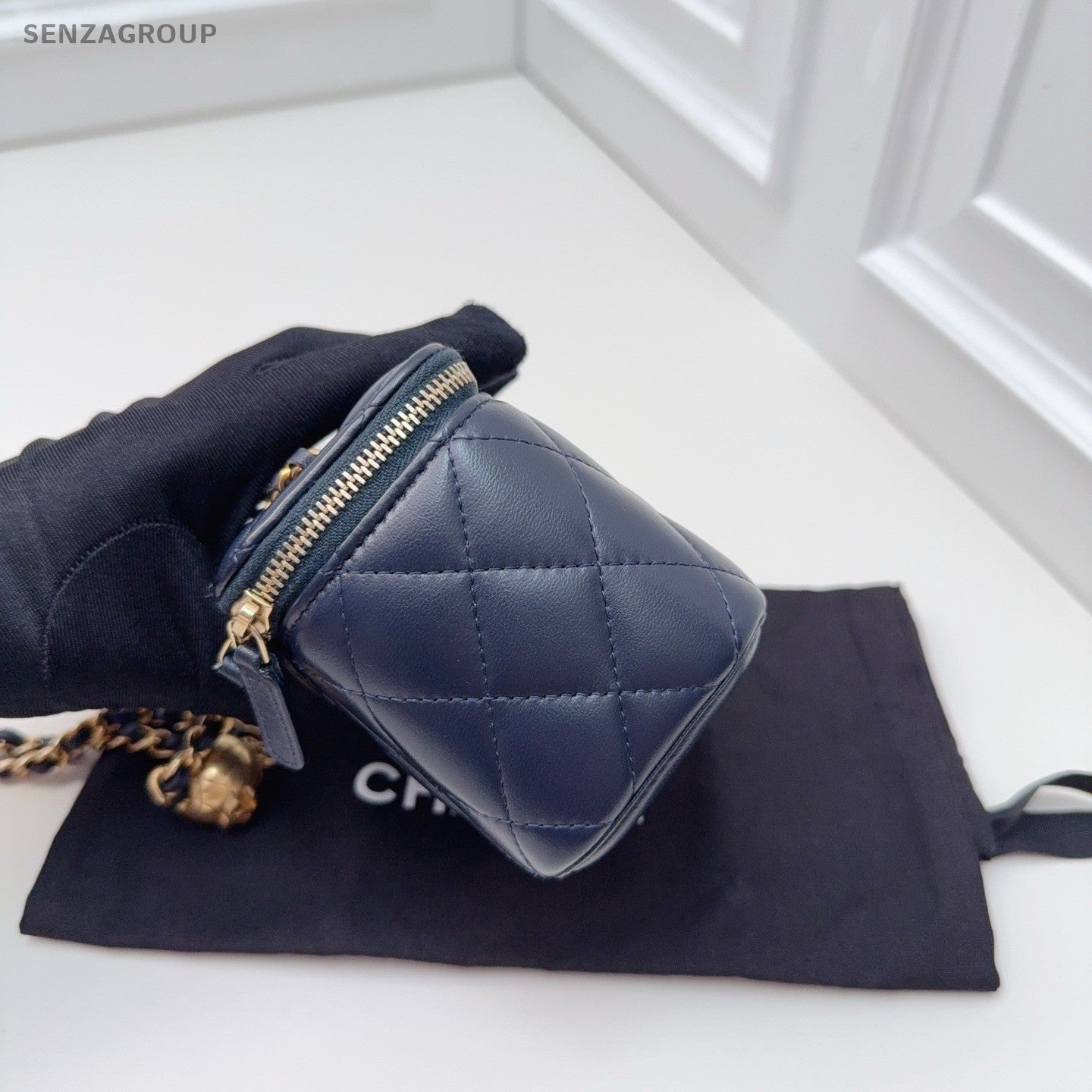 CHANEL Vanity Box mini Diamond Pattern Chain Shoulder bag Navy Blue Gold Women