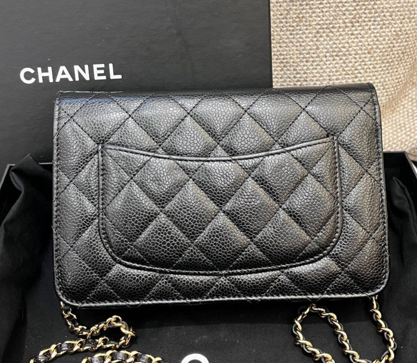 Chanel WOC Chain Crossbody Shoulder Bag Black Gold Diamond Women Classic