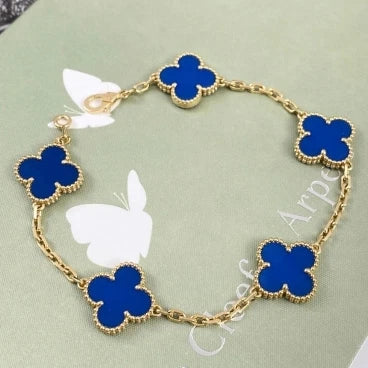 Van Cleef &amp; Arpels Vintage Alhambra 5 Motifs Blue Agate Bracelet 18k Yellow Gold