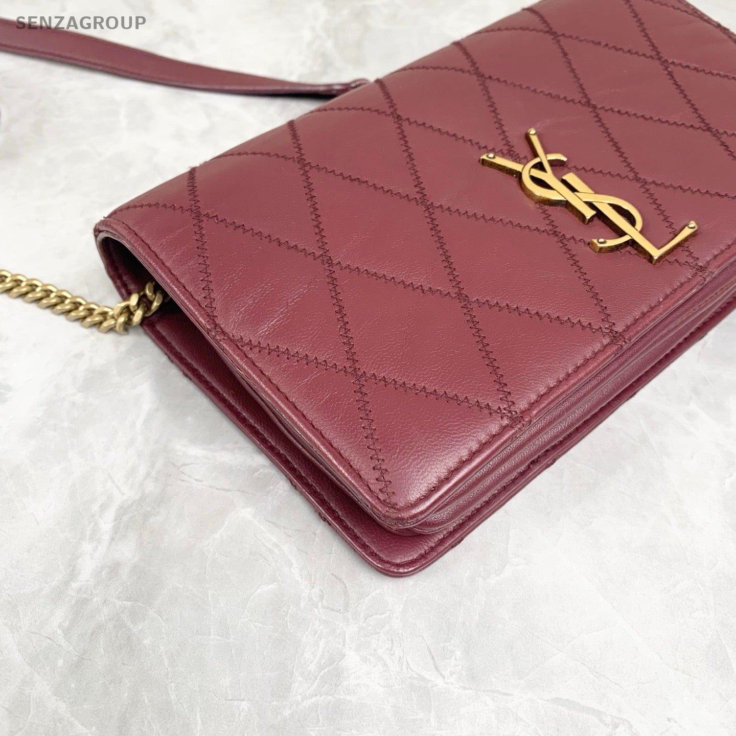 YSL Saint Laurent Diamond pattern Logo Shoulder bag Crossbody Wine Red Women