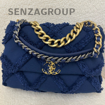 Chanel 19 Bag Maxi Fringe Chain Shoulder Bag Blue Gold Women's