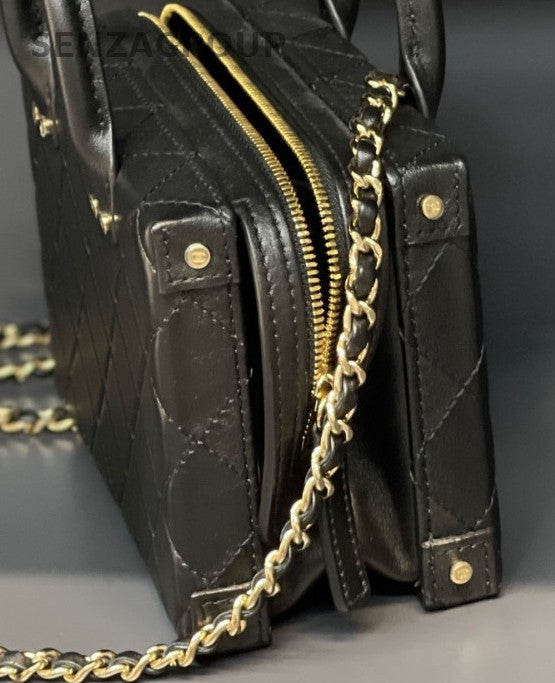 Chanel Calfskin Chain Shoulder Bag Crossbody Black Gold Women Classic