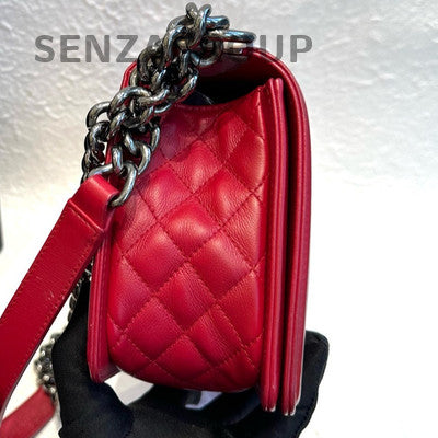 Chanel Medium Le Boy Red Silver Quilted Chain Shoulder Bag Classic Women