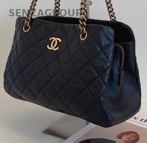 Chanel Calfskin Chain Tote Shoulder Bag Black Gold Women Classic Vintage
