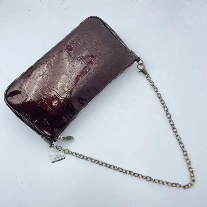 Dior Women's Red Patent Leather Monogram Chain Shoulder Clutch Bag