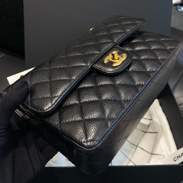 Chanel Classic Flap PM Calfskin Chain Shoulder Crossbody Bag Black Women D