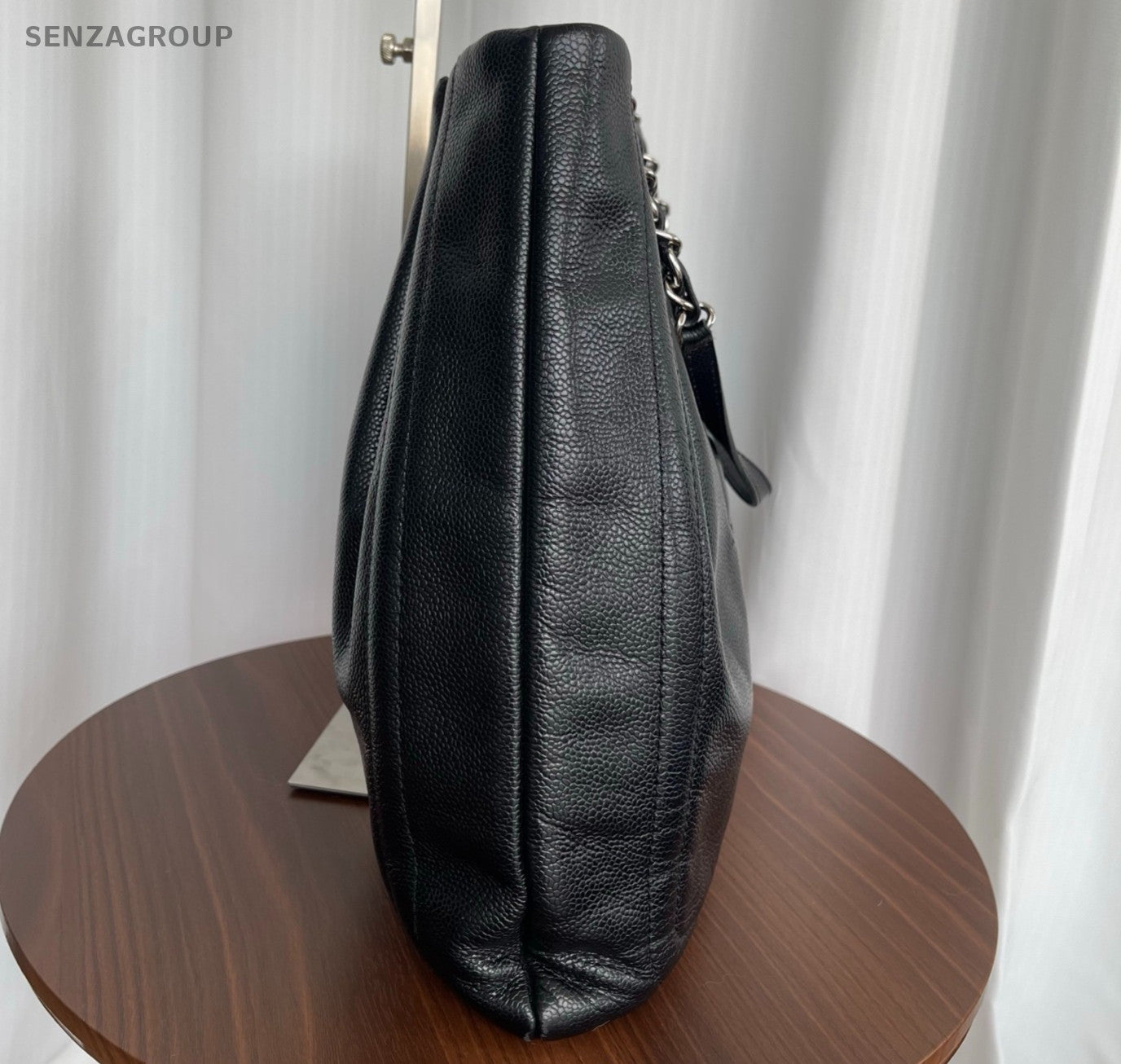 Chanel CC Logo Tote Calfskin Shoulder Bag Black Silver Used Women Classic