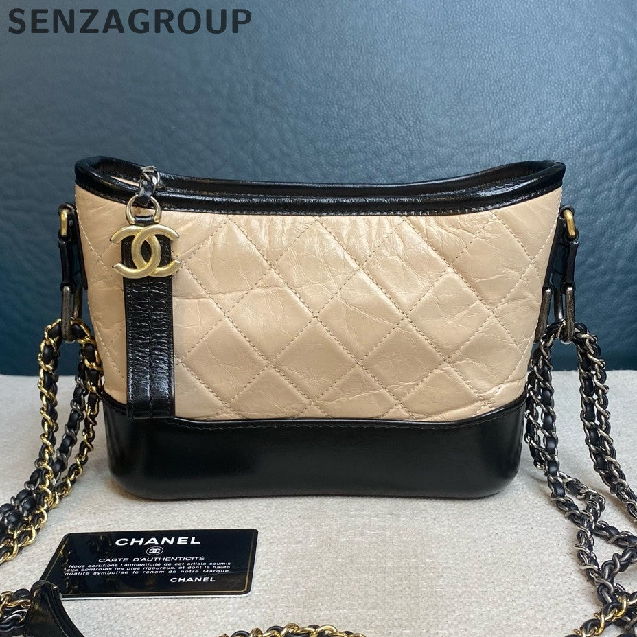 Chanel Small Gabrielle Hobo Bag Beige Black Quilted Chain Shoulder Crossbody