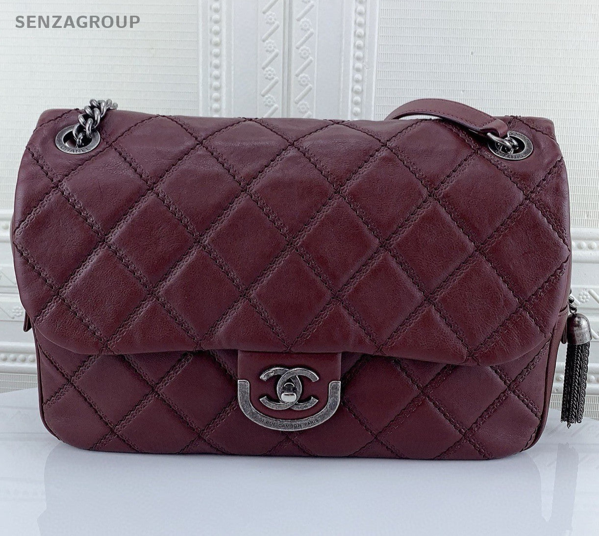 Chanel Classic Flap Chain Calfskin Shoulder Bag Red Silver Women Diamond Fashion