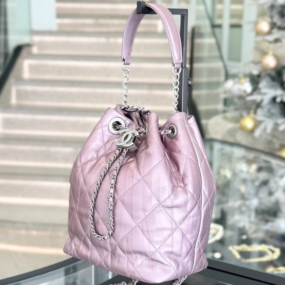 Chanel Calfskin Bucket Chain Shoulder Crossbody Bag Purple Silver Women S