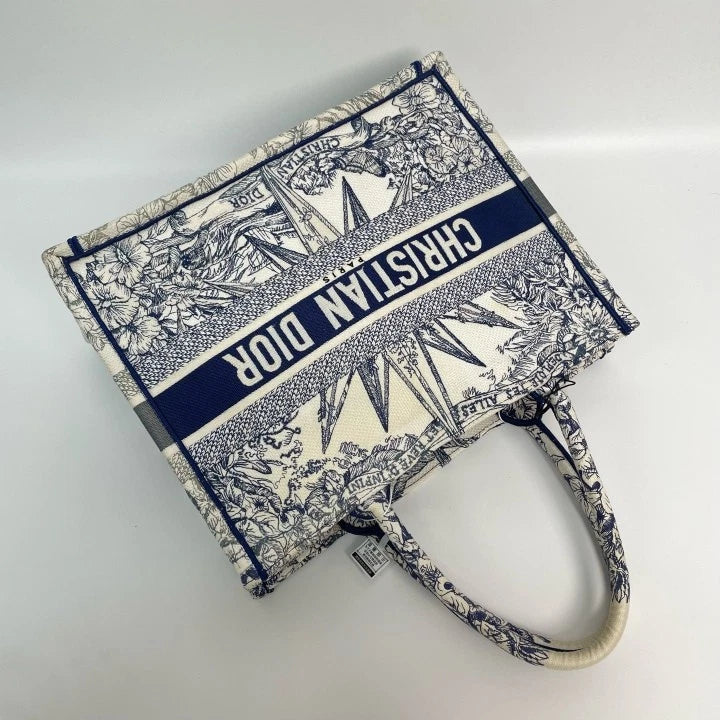 Authentic Dior Blue Embroidered Medium Tote Handbag For Women