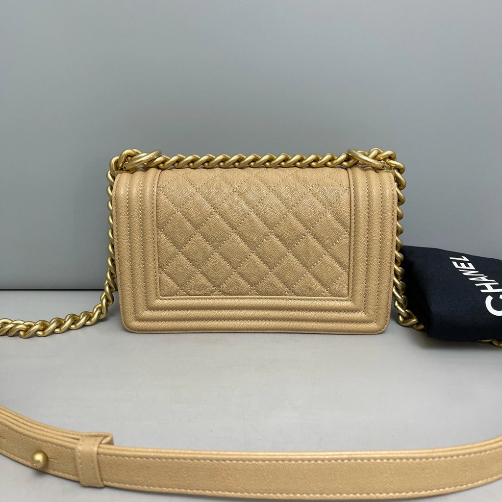 Chanel Leboy PM Calfskin Chain Shoulder Bag Crossbody Beige Gold Women Classic